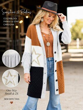 NWT Sunshine & Rodeos Long Cardigan With Fringe & Star Detail Button Closure Siz